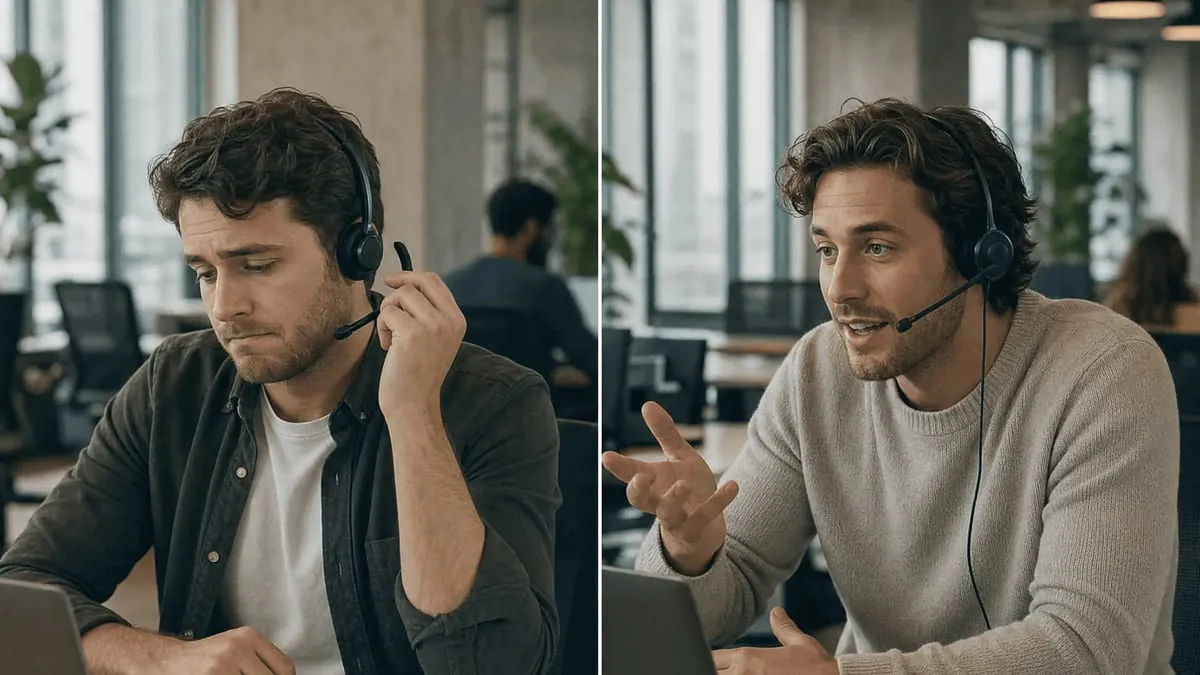Deux commerciaux au téléphone avec un casque, côte à côte