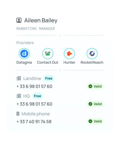 Un contact enrichi via Datagma, Contact Out, Hunter et RocketReach, avec des numéros de téléphone vérifiés
