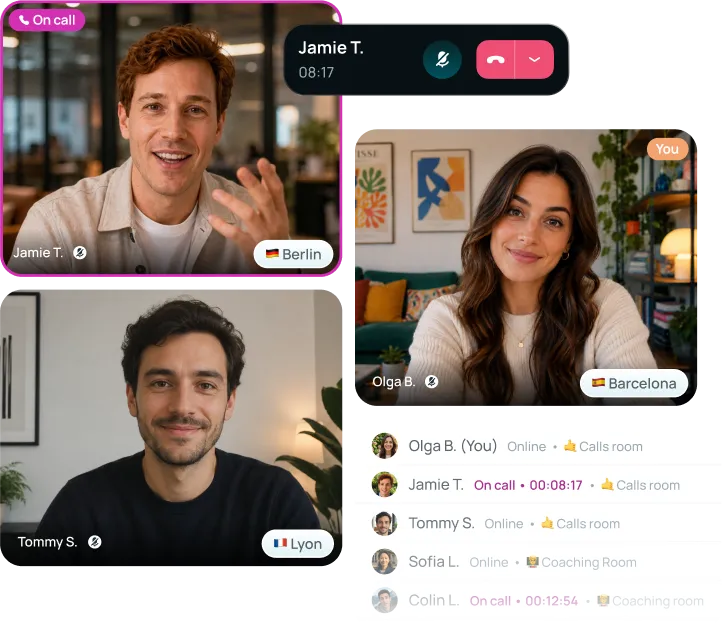 Appel vidéo du Salesfloor : Jamie en appel, Olga et Tommy en caméra, et la liste de l’équipe avec qui est en ligne, en appel ou dans une salle