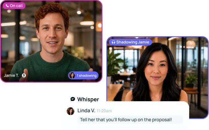 Linda écoute l’appel de Jamie en direct et lui souffle : « Tell her that you’ll follow up on the proposal! »